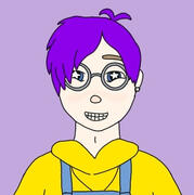 A drawing of Logan-Alexander, a purple haired boy in a yellow hoodie and denim overalls. He is flashing a toothy grin, his eyes squinting slightly. He is also wearing round blueish-grey glasses, a marshmallow earring on his visible ear, and a necklace.